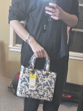 Butterfly Print Top-Handle Bag in Blue and White